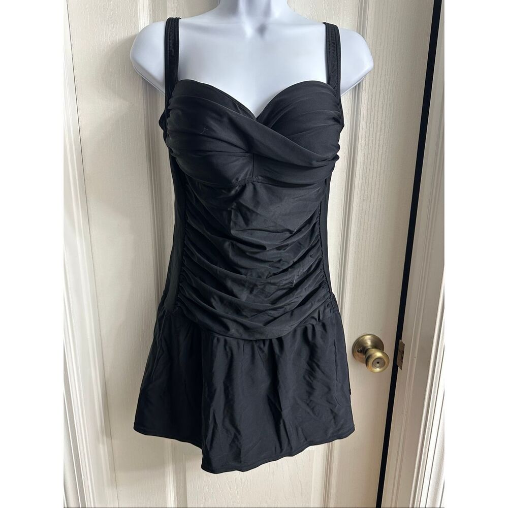 Venus Black Swim Dress One Piece Swimsuit Size 16 Tummy Control Ruched